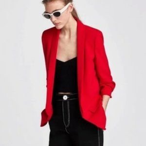 ZARA Woman Red Crepe Blazer Ruched Sleeves